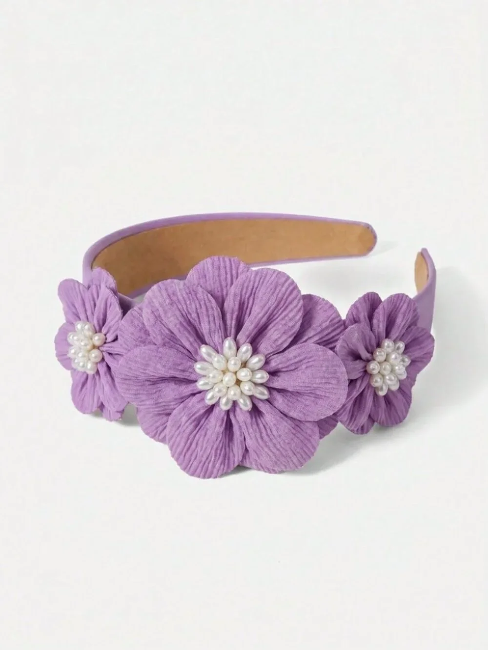 Lavender Pleated Flower Headband with Pearl Centers